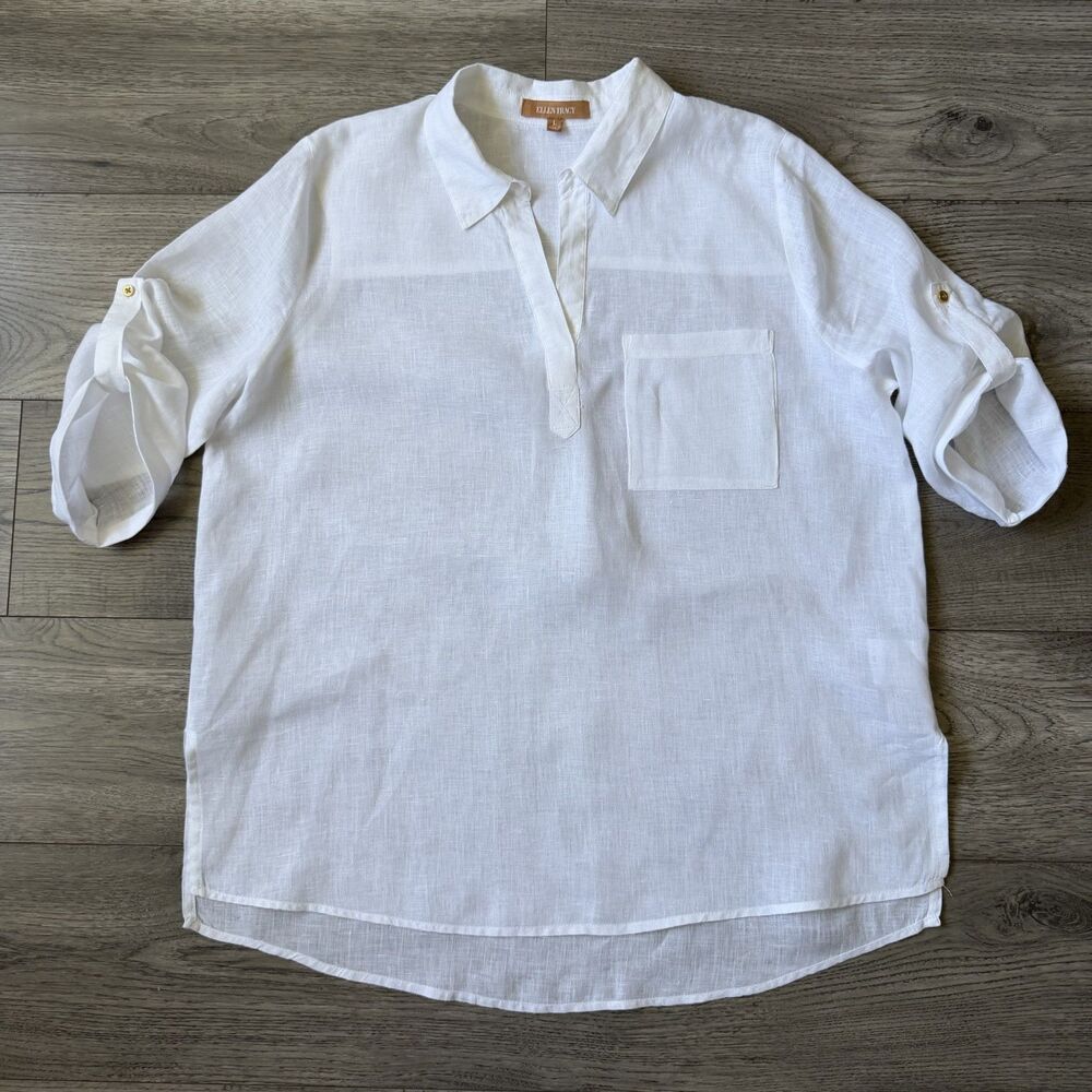 Ellen Tracy‎ 100% Linen Roll Tab Sleeve Blouse - Large